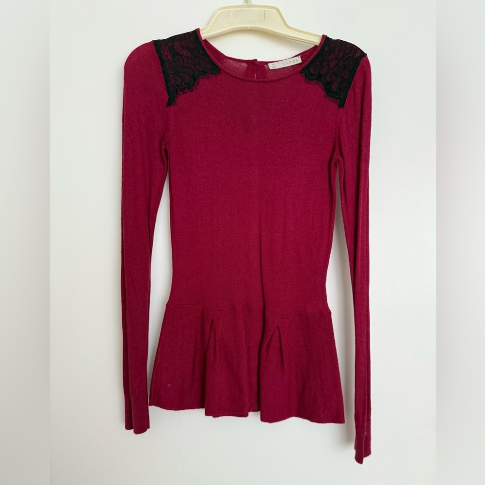hinge Burgundy Long-Sleeve Peplum Top with Black Lace Shoulders